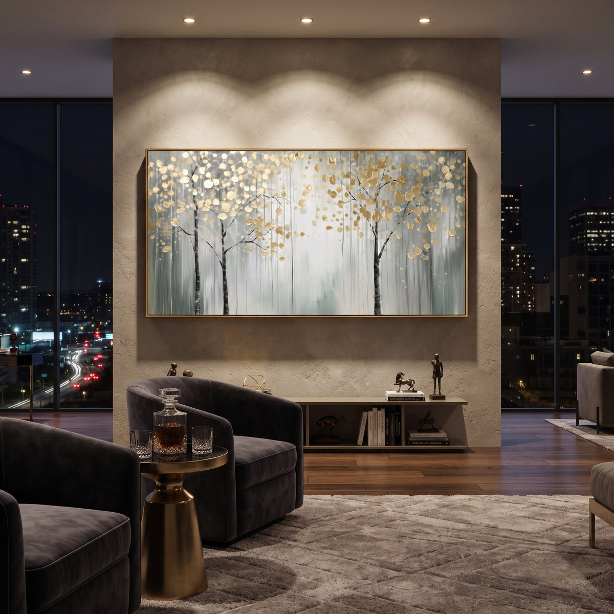ARTWORK DETAILS Minimal Gold Tree Line Painting is built from the actual artwork image: minimal pale trees with small round gold leaves. The composition uses raised texture to separate tree trunks, leaf masses, ground movement, and soft background atmosphere, so the surface reads with real hand-painted depth from different viewing angles. The color direction is yellow, white, gray, chosen to keep the autumn mood warm while still leaving enough pale air and cool contrast for modern interiors.