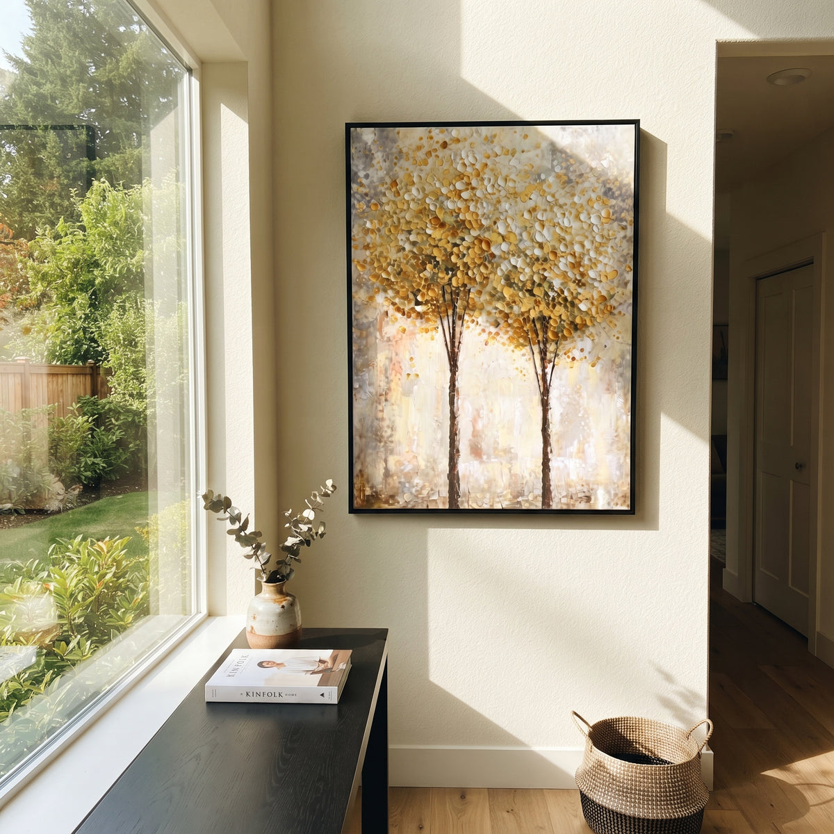 ARTWORK DETAILS Round Gold Tree Pair Painting is built from the actual artwork image: two round gold trees rising from a pale textured ground. The composition uses raised texture to separate tree trunks, leaf masses, ground movement, and soft background atmosphere, so the surface reads with real hand-painted depth from different viewing angles. The color direction is yellow, white, beige, chosen to keep the autumn mood warm while still leaving enough pale air and cool contrast for modern
