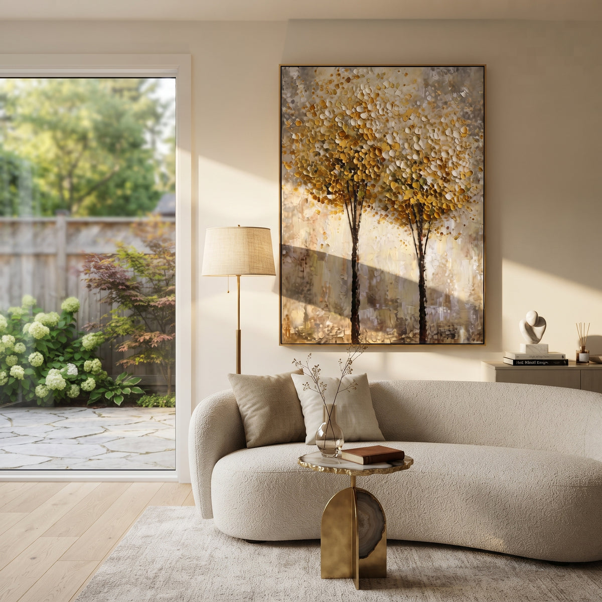 ARTWORK DETAILS Round Gold Tree Pair Painting is built from the actual artwork image: two round gold trees rising from a pale textured ground. The composition uses raised texture to separate tree trunks, leaf masses, ground movement, and soft background atmosphere, so the surface reads with real hand-painted depth from different viewing angles. The color direction is yellow, white, beige, chosen to keep the autumn mood warm while still leaving enough pale air and cool contrast for modern