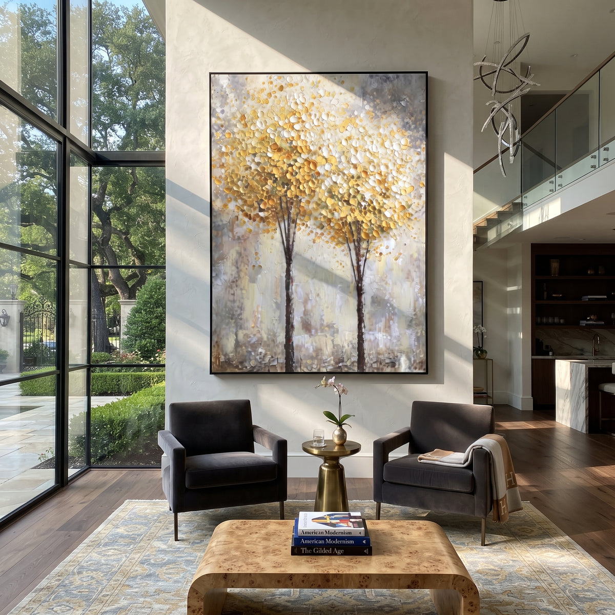 ARTWORK DETAILS Round Gold Tree Pair Painting is built from the actual artwork image: two round gold trees rising from a pale textured ground. The composition uses raised texture to separate tree trunks, leaf masses, ground movement, and soft background atmosphere, so the surface reads with real hand-painted depth from different viewing angles. The color direction is yellow, white, beige, chosen to keep the autumn mood warm while still leaving enough pale air and cool contrast for modern