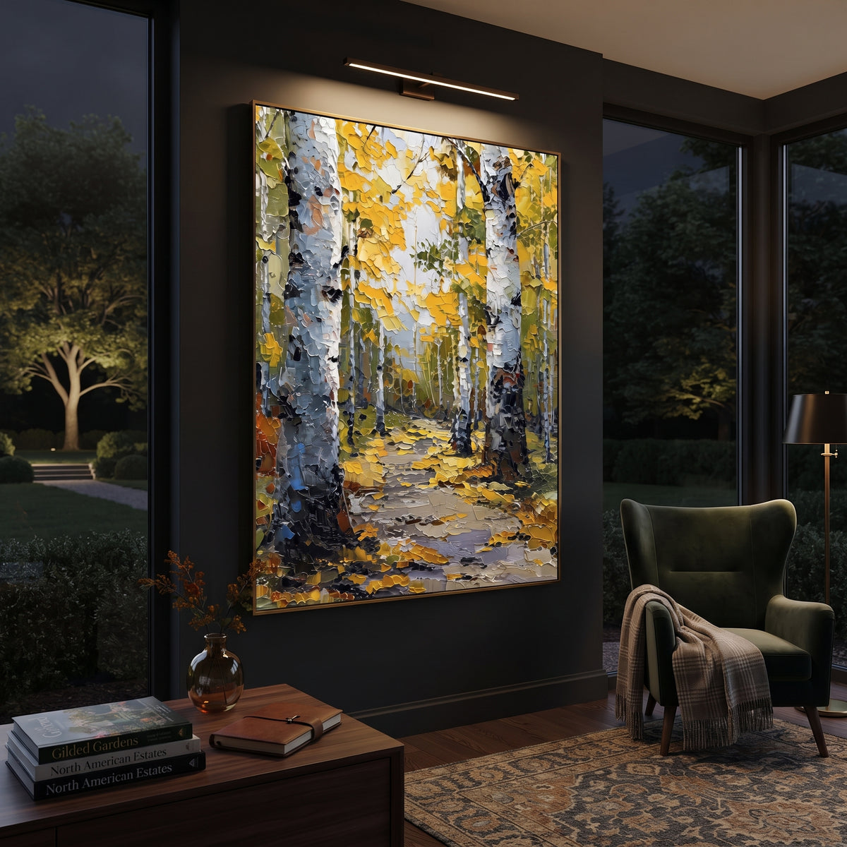 ARTWORK DETAILS Birch Path Gold Leaves Painting is built from the actual artwork image: gold leaf path between close birch trunks. The composition uses raised texture to separate tree trunks, leaf masses, ground movement, and soft background atmosphere, so the surface reads with real hand-painted depth from different viewing angles. The color direction is yellow, white, gray, chosen to keep the autumn mood warm while still leaving enough pale air and cool contrast for modern interiors. Core