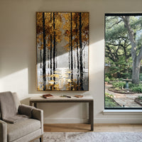 ARTWORK DETAILS Black Trunk Gold Reflection Painting is built from the actual artwork image: dark tree trunks and yellow leaves mirrored in water. The composition uses raised texture to separate tree trunks, leaf masses, ground movement, and soft background atmosphere, so the surface reads with real hand-painted depth from different viewing angles. The color direction is black, yellow, gray, chosen to keep the autumn mood warm while still leaving enough pale air and cool contrast for modern