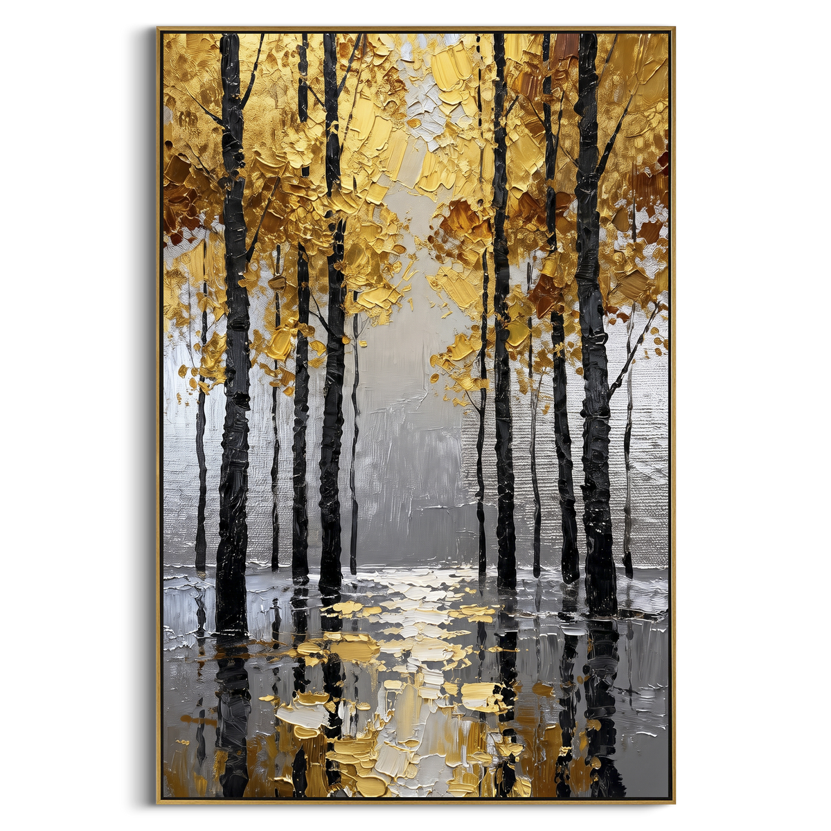 ARTWORK DETAILS Black Trunk Gold Reflection Painting is built from the actual artwork image: dark tree trunks and yellow leaves mirrored in water. The composition uses raised texture to separate tree trunks, leaf masses, ground movement, and soft background atmosphere, so the surface reads with real hand-painted depth from different viewing angles. The color direction is black, yellow, gray, chosen to keep the autumn mood warm while still leaving enough pale air and cool contrast for modern
