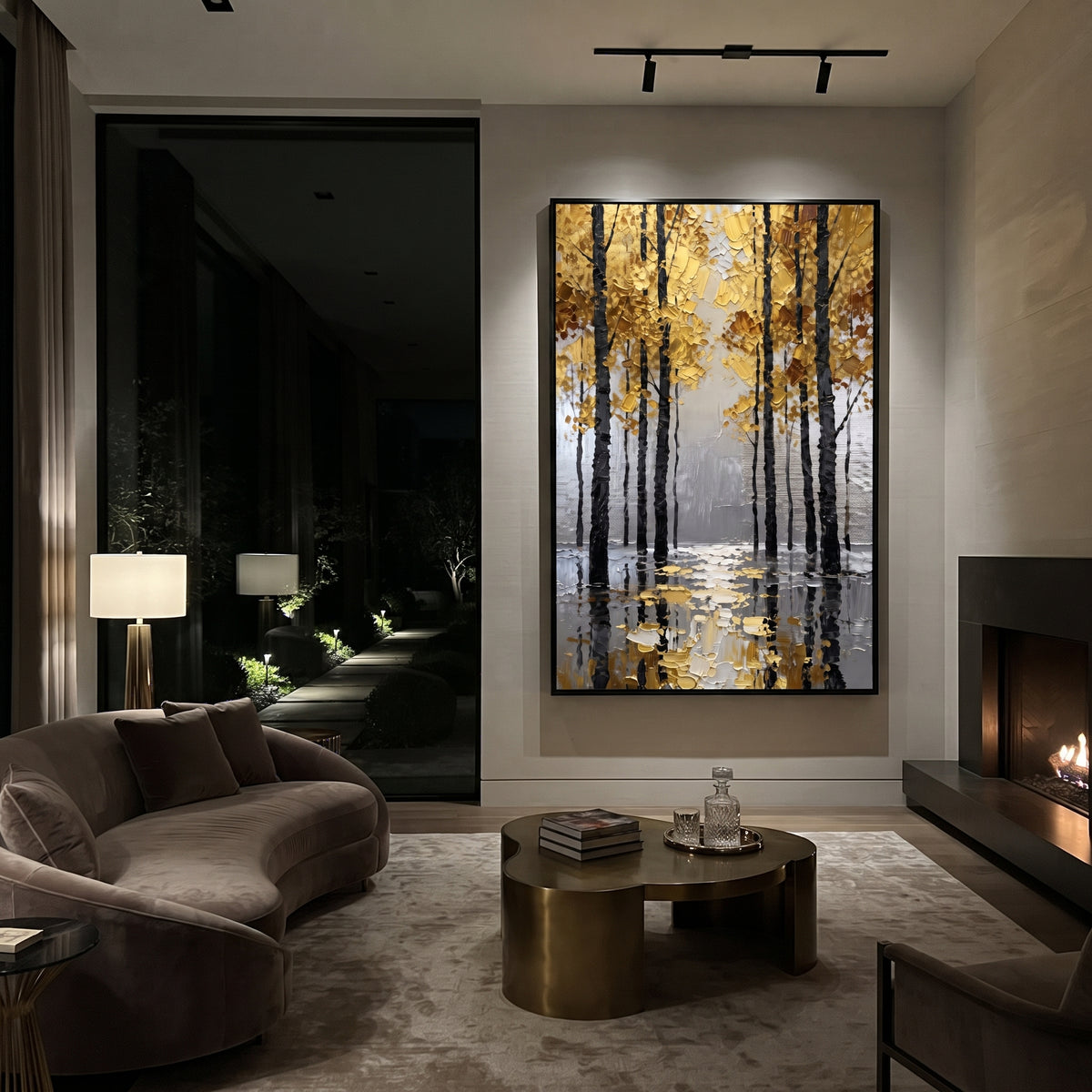 ARTWORK DETAILS Black Trunk Gold Reflection Painting is built from the actual artwork image: dark tree trunks and yellow leaves mirrored in water. The composition uses raised texture to separate tree trunks, leaf masses, ground movement, and soft background atmosphere, so the surface reads with real hand-painted depth from different viewing angles. The color direction is black, yellow, gray, chosen to keep the autumn mood warm while still leaving enough pale air and cool contrast for modern