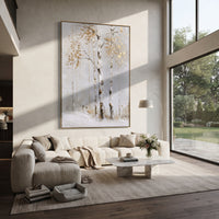 ARTWORK DETAILS White Gold Birch Silence Painting is built from the actual artwork image: nearly white birch trunks with delicate gold leaf traces. The composition uses raised texture to separate tree trunks, leaf masses, ground movement, and soft background atmosphere, so the surface reads with real hand-painted depth from different viewing angles. The color direction is white, yellow, beige, chosen to keep the autumn mood warm while still leaving enough pale air and cool contrast for modern
