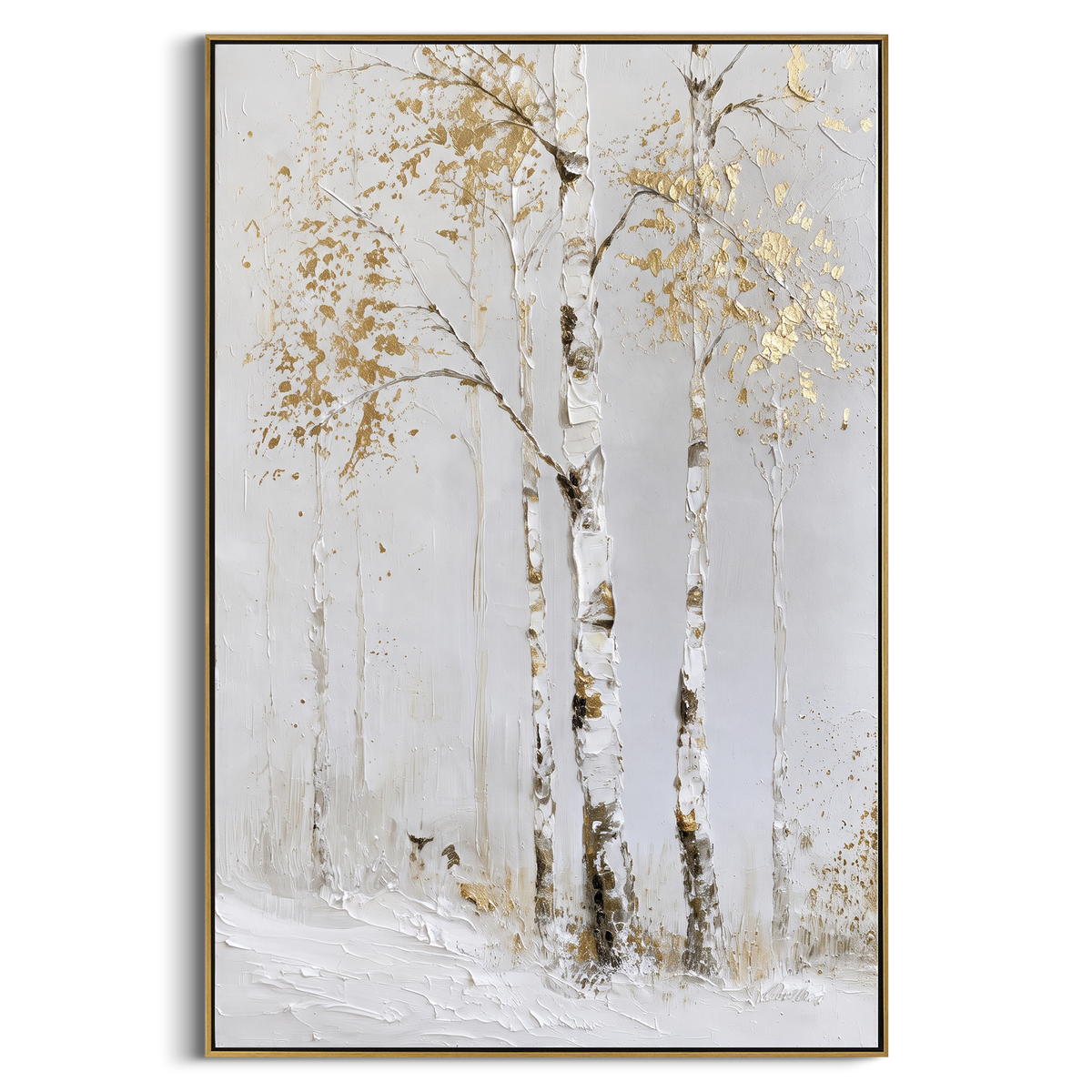 ARTWORK DETAILS White Gold Birch Silence Painting is built from the actual artwork image: nearly white birch trunks with delicate gold leaf traces. The composition uses raised texture to separate tree trunks, leaf masses, ground movement, and soft background atmosphere, so the surface reads with real hand-painted depth from different viewing angles. The color direction is white, yellow, beige, chosen to keep the autumn mood warm while still leaving enough pale air and cool contrast for modern