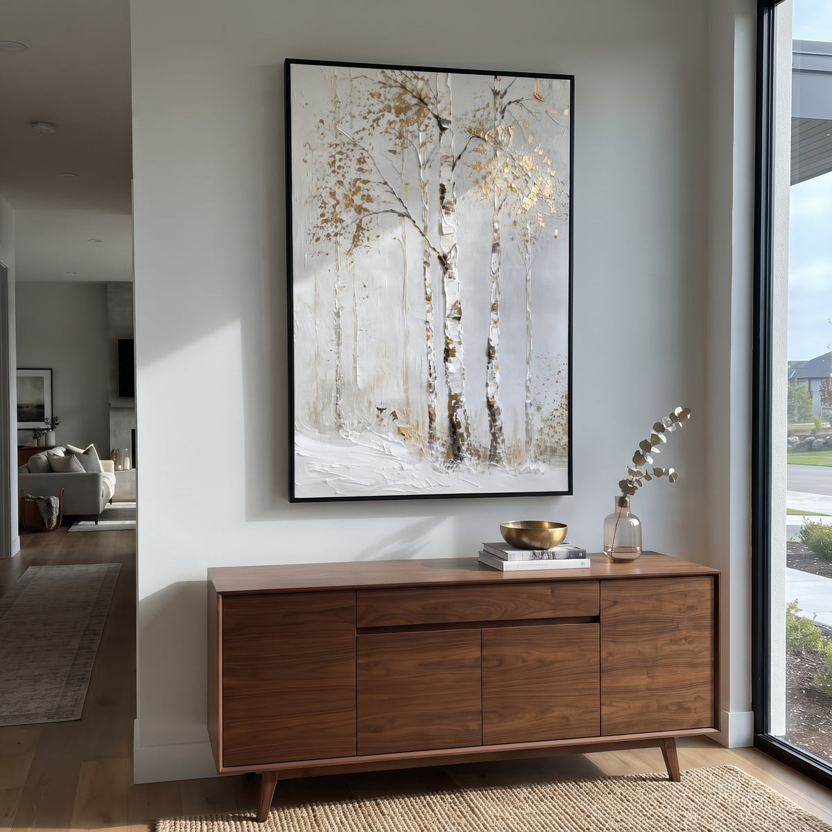 ARTWORK DETAILS White Gold Birch Silence Painting is built from the actual artwork image: nearly white birch trunks with delicate gold leaf traces. The composition uses raised texture to separate tree trunks, leaf masses, ground movement, and soft background atmosphere, so the surface reads with real hand-painted depth from different viewing angles. The color direction is white, yellow, beige, chosen to keep the autumn mood warm while still leaving enough pale air and cool contrast for modern