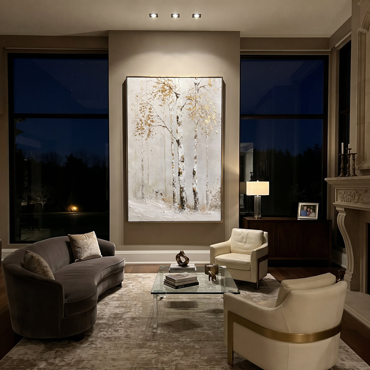 ARTWORK DETAILS White Gold Birch Silence Painting is built from the actual artwork image: nearly white birch trunks with delicate gold leaf traces. The composition uses raised texture to separate tree trunks, leaf masses, ground movement, and soft background atmosphere, so the surface reads with real hand-painted depth from different viewing angles. The color direction is white, yellow, beige, chosen to keep the autumn mood warm while still leaving enough pale air and cool contrast for modern