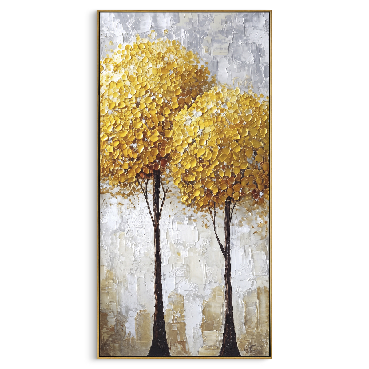 ARTWORK DETAILS Double Gold Tree Texture Painting is built from the actual artwork image: two dense golden trees in raised texture on a pale ground. The composition uses raised texture to separate tree trunks, leaf masses, ground movement, and soft background atmosphere, so the surface reads with real hand-painted depth from different viewing angles. The color direction is yellow, white, beige, chosen to keep the autumn mood warm while still leaving enough pale air and cool contrast for modern