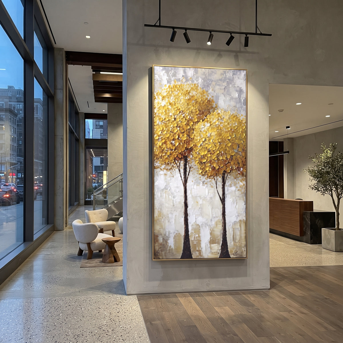 ARTWORK DETAILS Double Gold Tree Texture Painting is built from the actual artwork image: two dense golden trees in raised texture on a pale ground. The composition uses raised texture to separate tree trunks, leaf masses, ground movement, and soft background atmosphere, so the surface reads with real hand-painted depth from different viewing angles. The color direction is yellow, white, beige, chosen to keep the autumn mood warm while still leaving enough pale air and cool contrast for modern