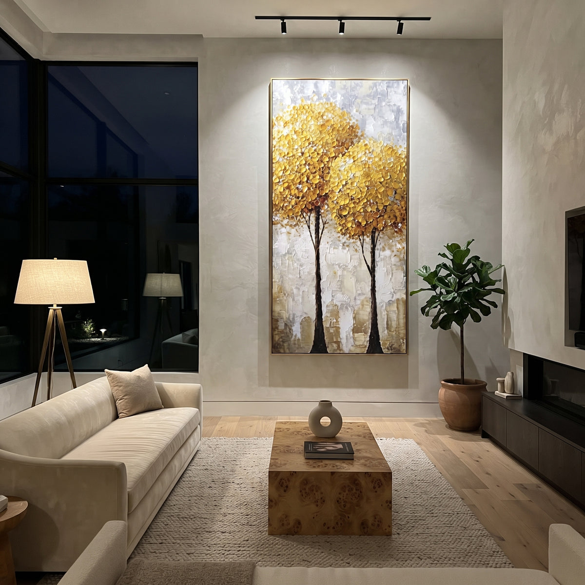 ARTWORK DETAILS Double Gold Tree Texture Painting is built from the actual artwork image: two dense golden trees in raised texture on a pale ground. The composition uses raised texture to separate tree trunks, leaf masses, ground movement, and soft background atmosphere, so the surface reads with real hand-painted depth from different viewing angles. The color direction is yellow, white, beige, chosen to keep the autumn mood warm while still leaving enough pale air and cool contrast for modern