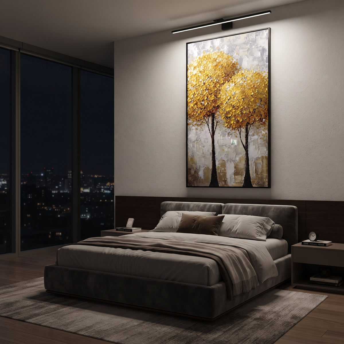 ARTWORK DETAILS Double Gold Tree Texture Painting is built from the actual artwork image: two dense golden trees in raised texture on a pale ground. The composition uses raised texture to separate tree trunks, leaf masses, ground movement, and soft background atmosphere, so the surface reads with real hand-painted depth from different viewing angles. The color direction is yellow, white, beige, chosen to keep the autumn mood warm while still leaving enough pale air and cool contrast for modern