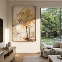 ARTWORK DETAILS Solitary Gold Tree Reflection Painting is built from the actual artwork image: single pale gold tree beside a quiet reflective surface. The composition uses raised texture to separate tree trunks, leaf masses, ground movement, and soft background atmosphere, so the surface reads with real hand-painted depth from different viewing angles. The color direction is yellow, beige, gray, chosen to keep the autumn mood warm while still leaving enough pale air and cool contrast for modern