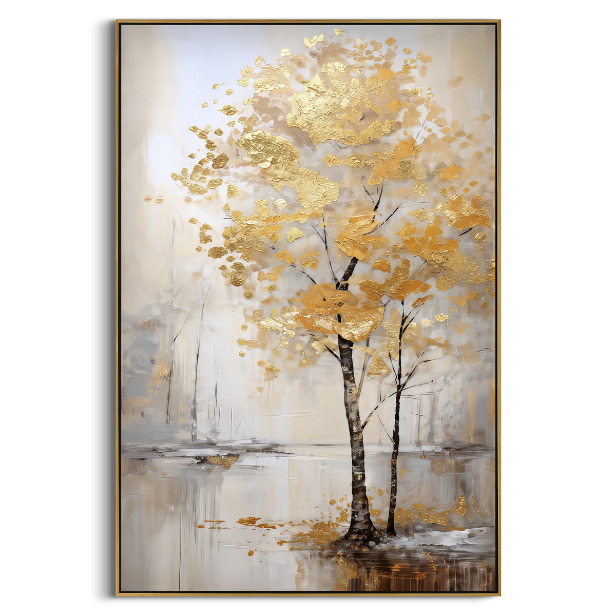 "Solitary Gold Tree Reflection" - Modern Heavy Impasto Landscape Artwork | Yellow & Beige Palette Knife Painting | Luxury Vertical Wall Art #PT 2253