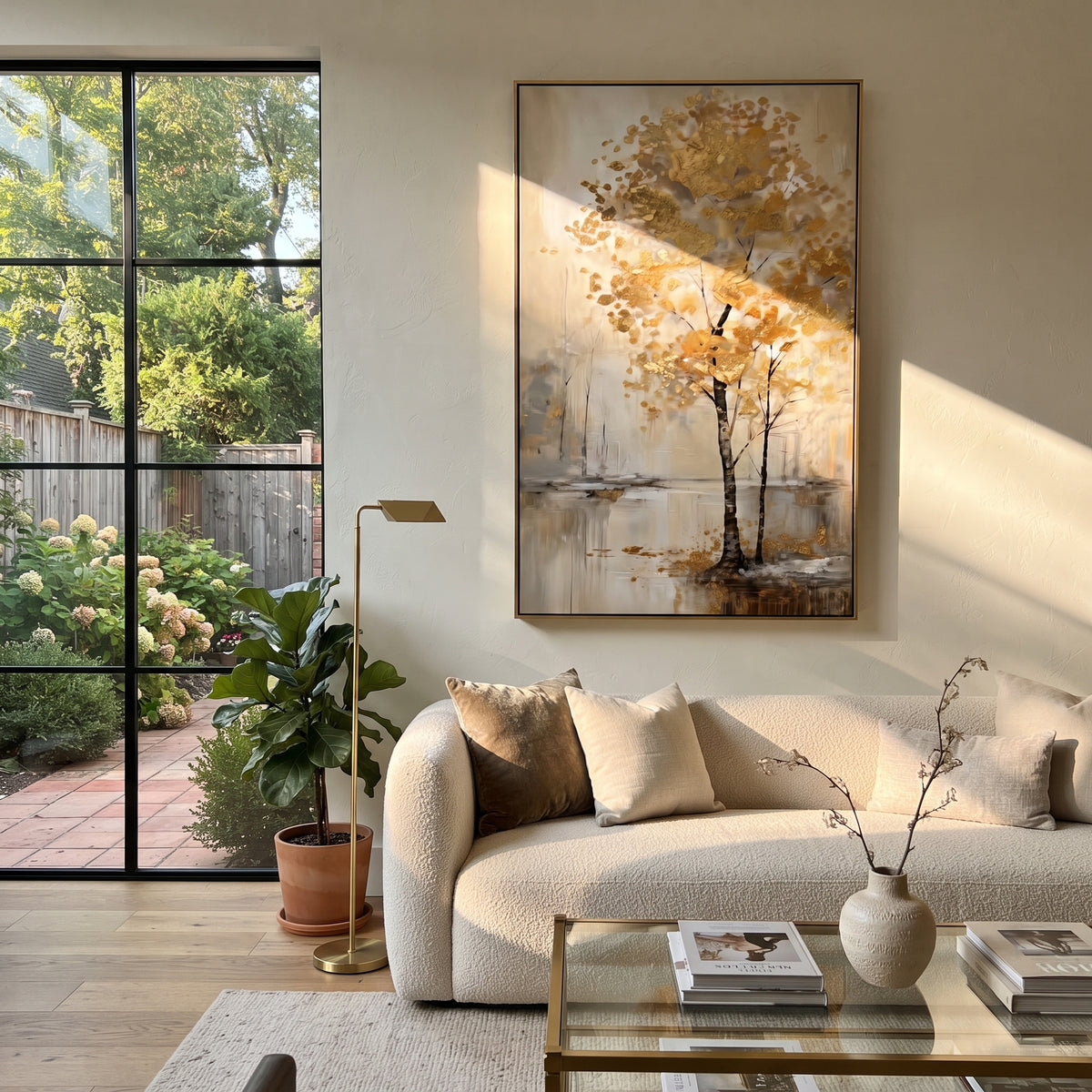 ARTWORK DETAILS Solitary Gold Tree Reflection Painting is built from the actual artwork image: single pale gold tree beside a quiet reflective surface. The composition uses raised texture to separate tree trunks, leaf masses, ground movement, and soft background atmosphere, so the surface reads with real hand-painted depth from different viewing angles. The color direction is yellow, beige, gray, chosen to keep the autumn mood warm while still leaving enough pale air and cool contrast for modern