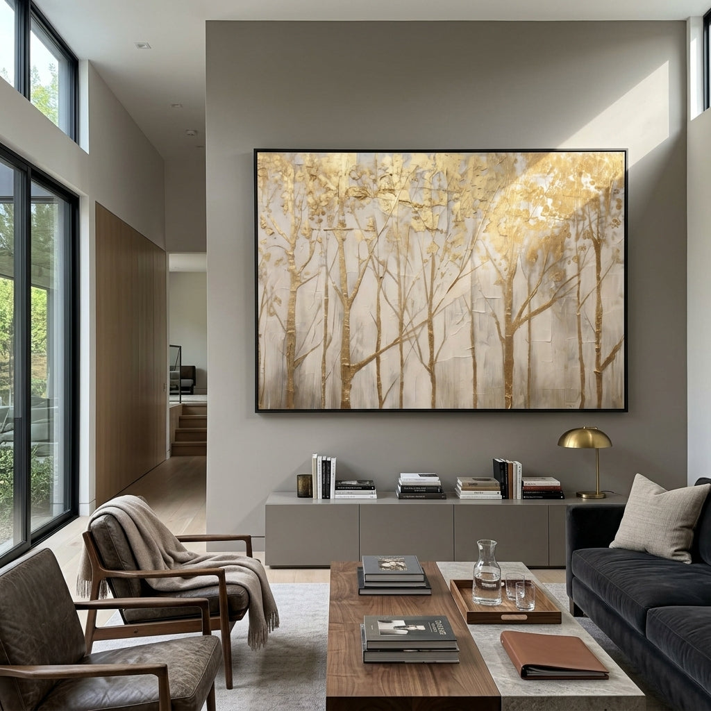 ARTWORK DETAILS Soft Champagne Forest Painting is built from the actual artwork image: champagne gold forest silhouettes in a light neutral field. The composition uses raised texture to separate tree trunks, leaf masses, ground movement, and soft background atmosphere, so the surface reads with real hand-painted depth from different viewing angles. The color direction is beige, yellow, white, chosen to keep the autumn mood warm while still leaving enough pale air and cool contrast for modern