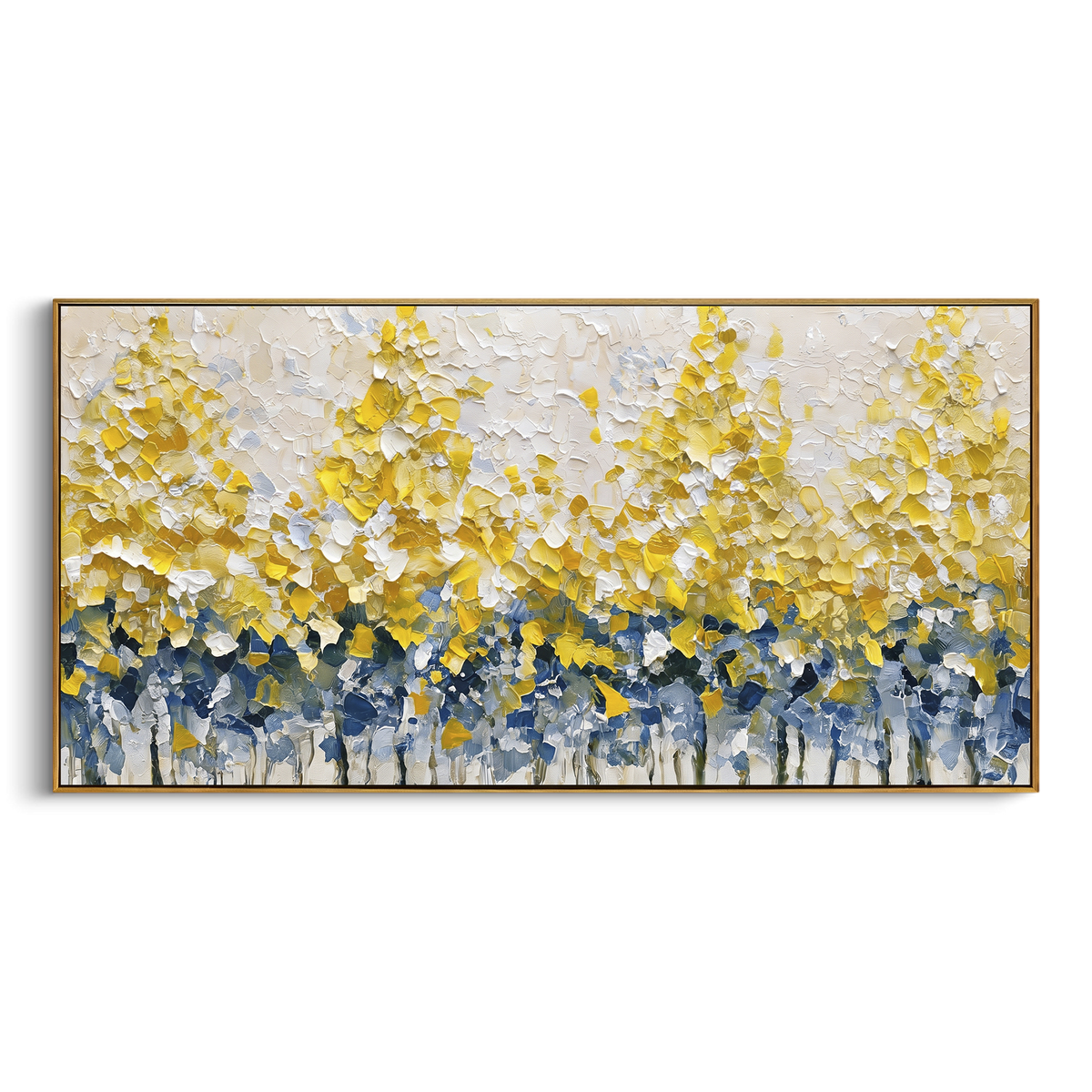 "Raised Gold Hedge" - Modern Heavy Impasto Botanical Tree Artwork | Yellow & Blue Palette Knife Painting | Luxury Horizontal Wall Art #PT 2255