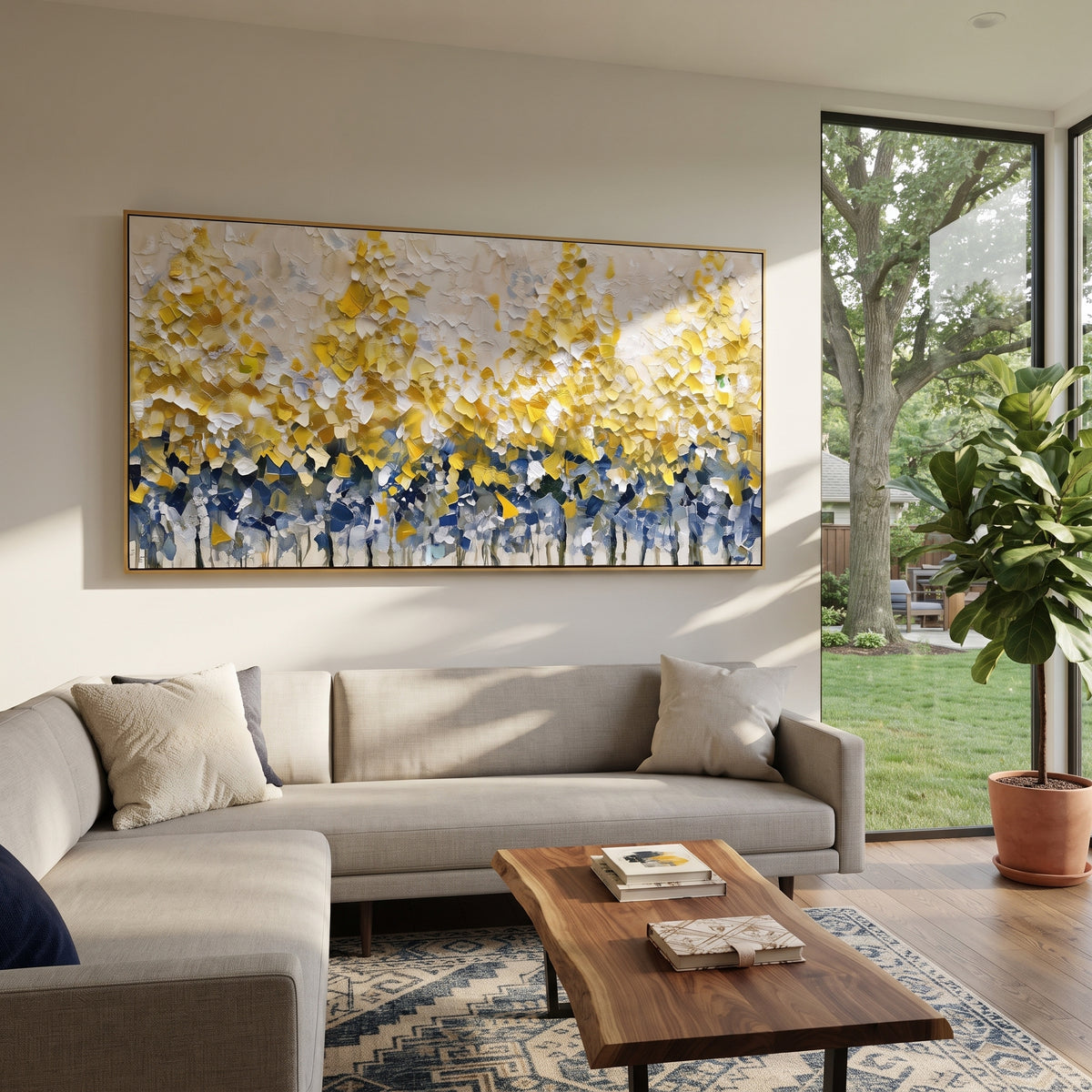 ARTWORK DETAILS Raised Gold Hedge Painting is built from the actual artwork image: low band of thick yellow leaves above blue shadow marks. The composition uses raised texture to separate tree trunks, leaf masses, ground movement, and soft background atmosphere, so the surface reads with real hand-painted depth from different viewing angles. The color direction is yellow, blue, white, chosen to keep the autumn mood warm while still leaving enough pale air and cool contrast for modern interiors.