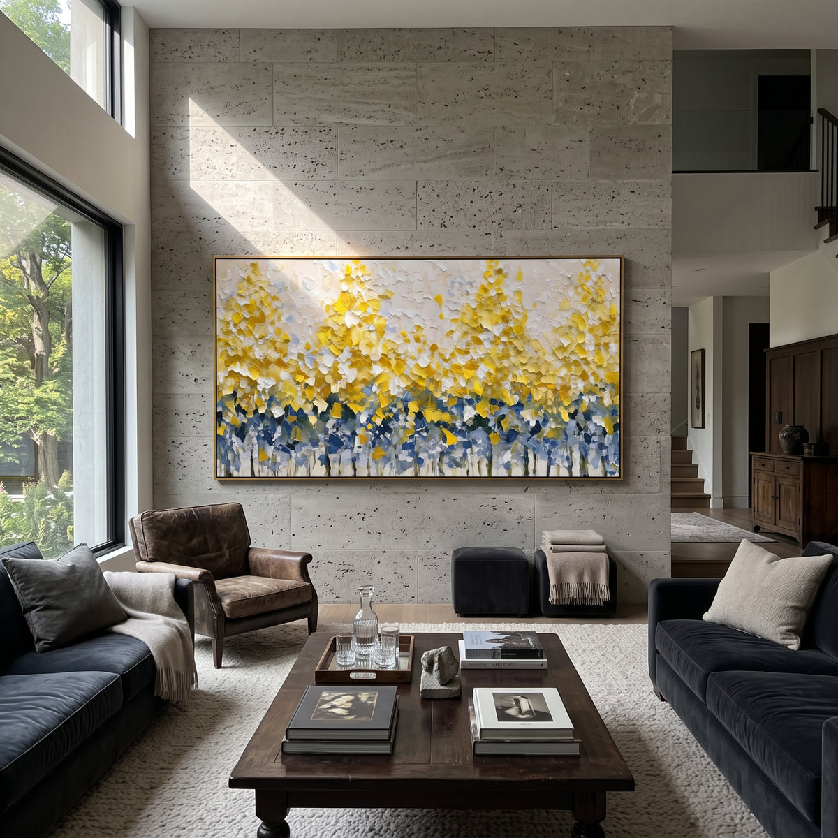 ARTWORK DETAILS Raised Gold Hedge Painting is built from the actual artwork image: low band of thick yellow leaves above blue shadow marks. The composition uses raised texture to separate tree trunks, leaf masses, ground movement, and soft background atmosphere, so the surface reads with real hand-painted depth from different viewing angles. The color direction is yellow, blue, white, chosen to keep the autumn mood warm while still leaving enough pale air and cool contrast for modern interiors.