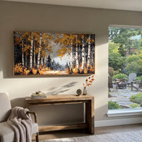 ARTWORK DETAILS Dark Birch Forest Edge Painting is built from the actual artwork image: dark forest edge with white birches and orange yellow leaves. The composition uses raised texture to separate tree trunks, leaf masses, ground movement, and soft background atmosphere, so the surface reads with real hand-painted depth from different viewing angles. The color direction is black, orange, white, chosen to keep the autumn mood warm while still leaving enough pale air and cool contrast for modern