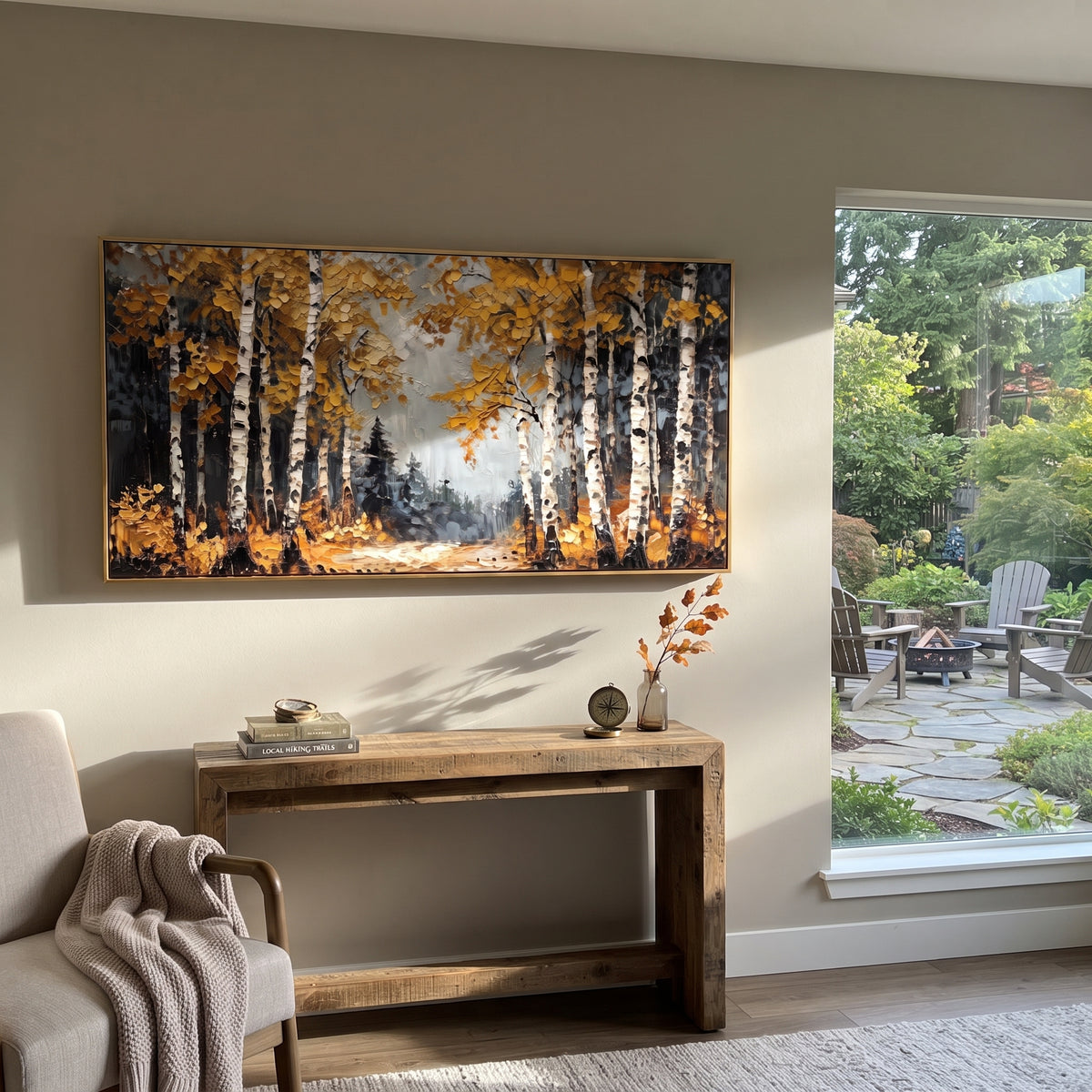 ARTWORK DETAILS Dark Birch Forest Edge Painting is built from the actual artwork image: dark forest edge with white birches and orange yellow leaves. The composition uses raised texture to separate tree trunks, leaf masses, ground movement, and soft background atmosphere, so the surface reads with real hand-painted depth from different viewing angles. The color direction is black, orange, white, chosen to keep the autumn mood warm while still leaving enough pale air and cool contrast for modern
