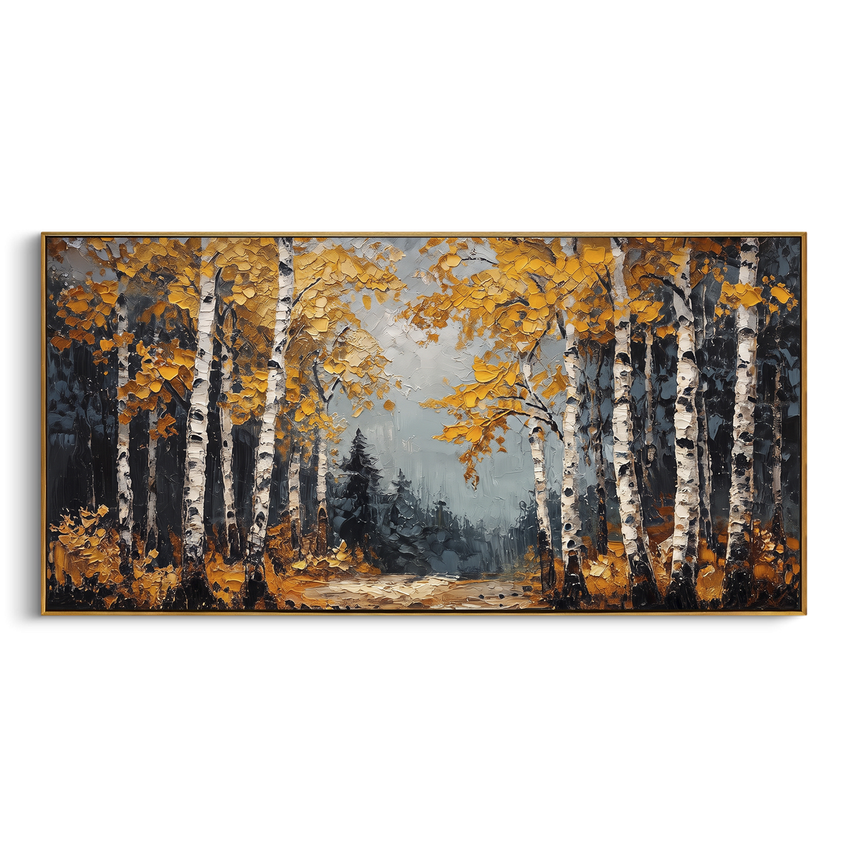 "Dark Birch Forest Edge" - Modern Heavy Impasto Botanical Tree Artwork | Black & Orange Palette Knife Painting | Luxury Horizontal Wall Art #PT 2256