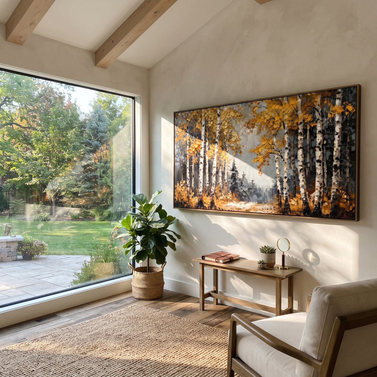 ARTWORK DETAILS Dark Birch Forest Edge Painting is built from the actual artwork image: dark forest edge with white birches and orange yellow leaves. The composition uses raised texture to separate tree trunks, leaf masses, ground movement, and soft background atmosphere, so the surface reads with real hand-painted depth from different viewing angles. The color direction is black, orange, white, chosen to keep the autumn mood warm while still leaving enough pale air and cool contrast for modern