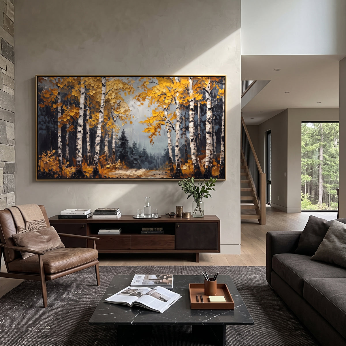 ARTWORK DETAILS Dark Birch Forest Edge Painting is built from the actual artwork image: dark forest edge with white birches and orange yellow leaves. The composition uses raised texture to separate tree trunks, leaf masses, ground movement, and soft background atmosphere, so the surface reads with real hand-painted depth from different viewing angles. The color direction is black, orange, white, chosen to keep the autumn mood warm while still leaving enough pale air and cool contrast for modern