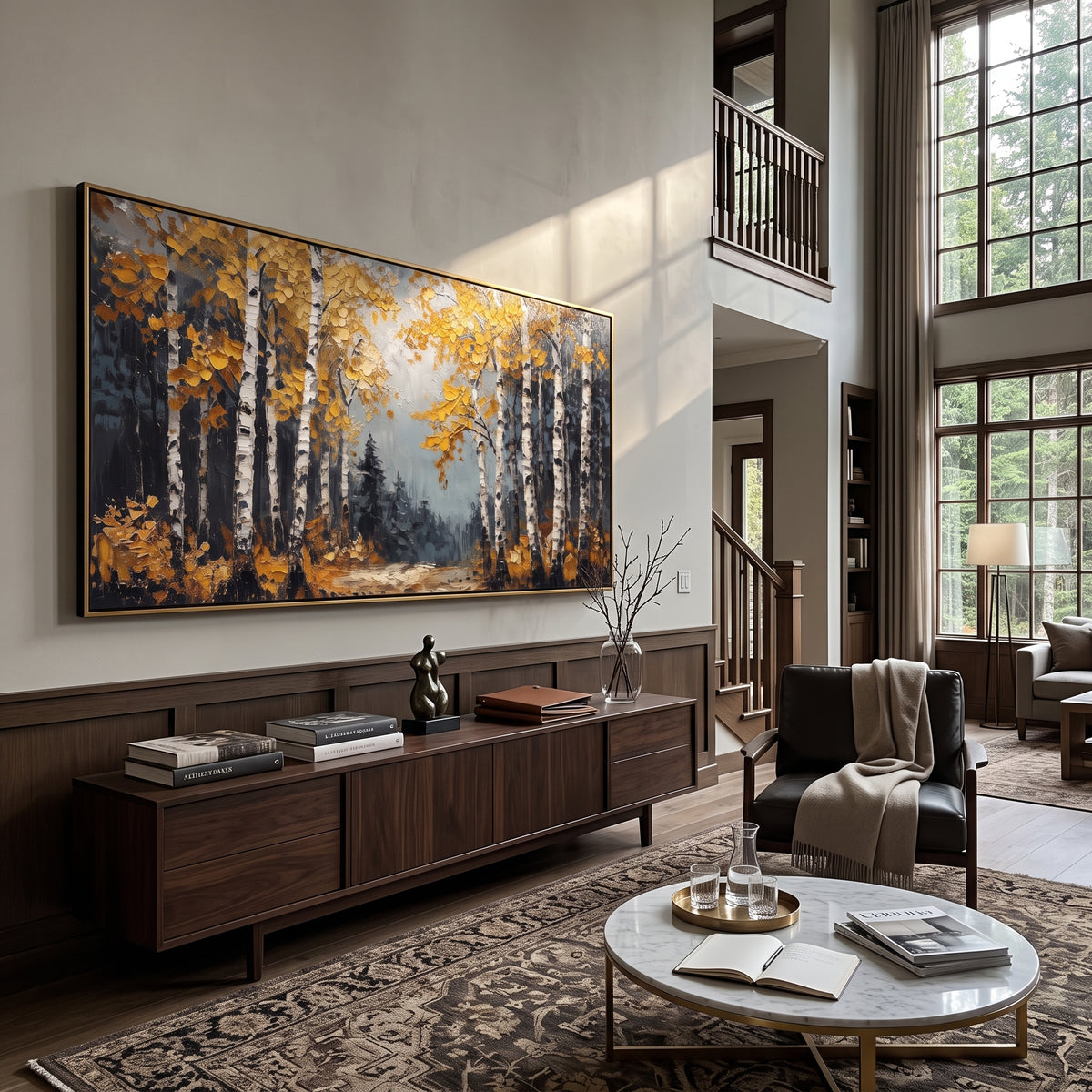 ARTWORK DETAILS Dark Birch Forest Edge Painting is built from the actual artwork image: dark forest edge with white birches and orange yellow leaves. The composition uses raised texture to separate tree trunks, leaf masses, ground movement, and soft background atmosphere, so the surface reads with real hand-painted depth from different viewing angles. The color direction is black, orange, white, chosen to keep the autumn mood warm while still leaving enough pale air and cool contrast for modern