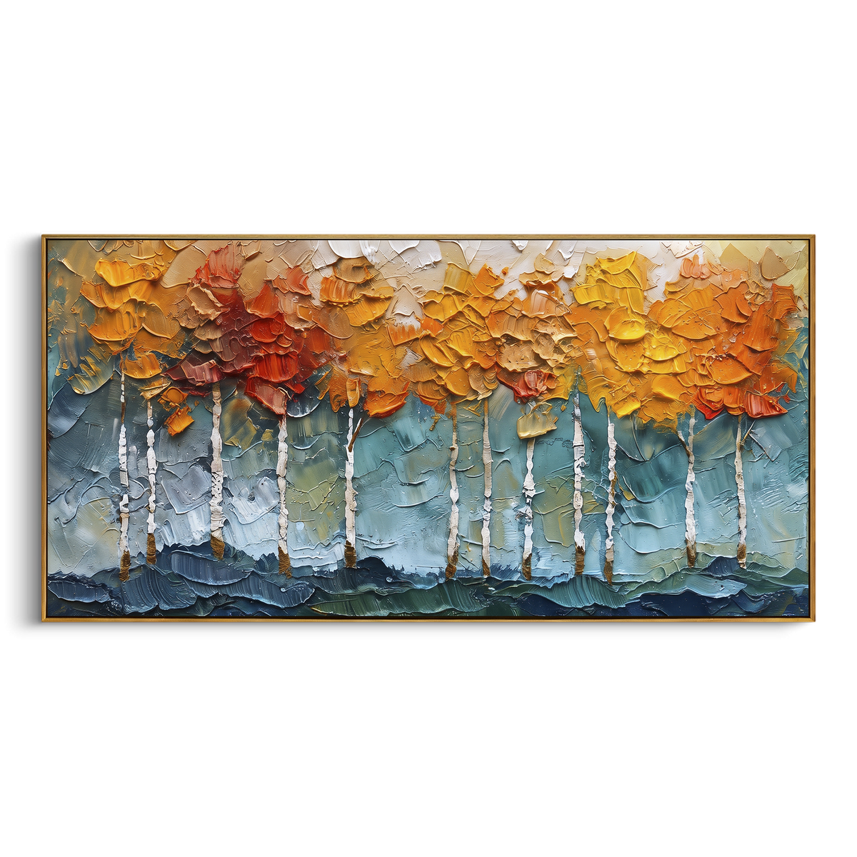 "Teal Aspen Leaf Wall" - Modern Heavy Impasto Botanical Tree Artwork | Green & Orange Palette Knife Painting | Luxury Horizontal Wall Art #PT 2257