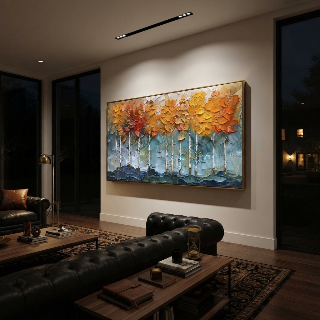 ARTWORK DETAILS Teal Aspen Leaf Wall Painting is built from the actual artwork image: teal ground and heavy orange leaf wall above white aspens. The composition uses raised texture to separate tree trunks, leaf masses, ground movement, and soft background atmosphere, so the surface reads with real hand-painted depth from different viewing angles. The color direction is green, orange, white, chosen to keep the autumn mood warm while still leaving enough pale air and cool contrast for modern