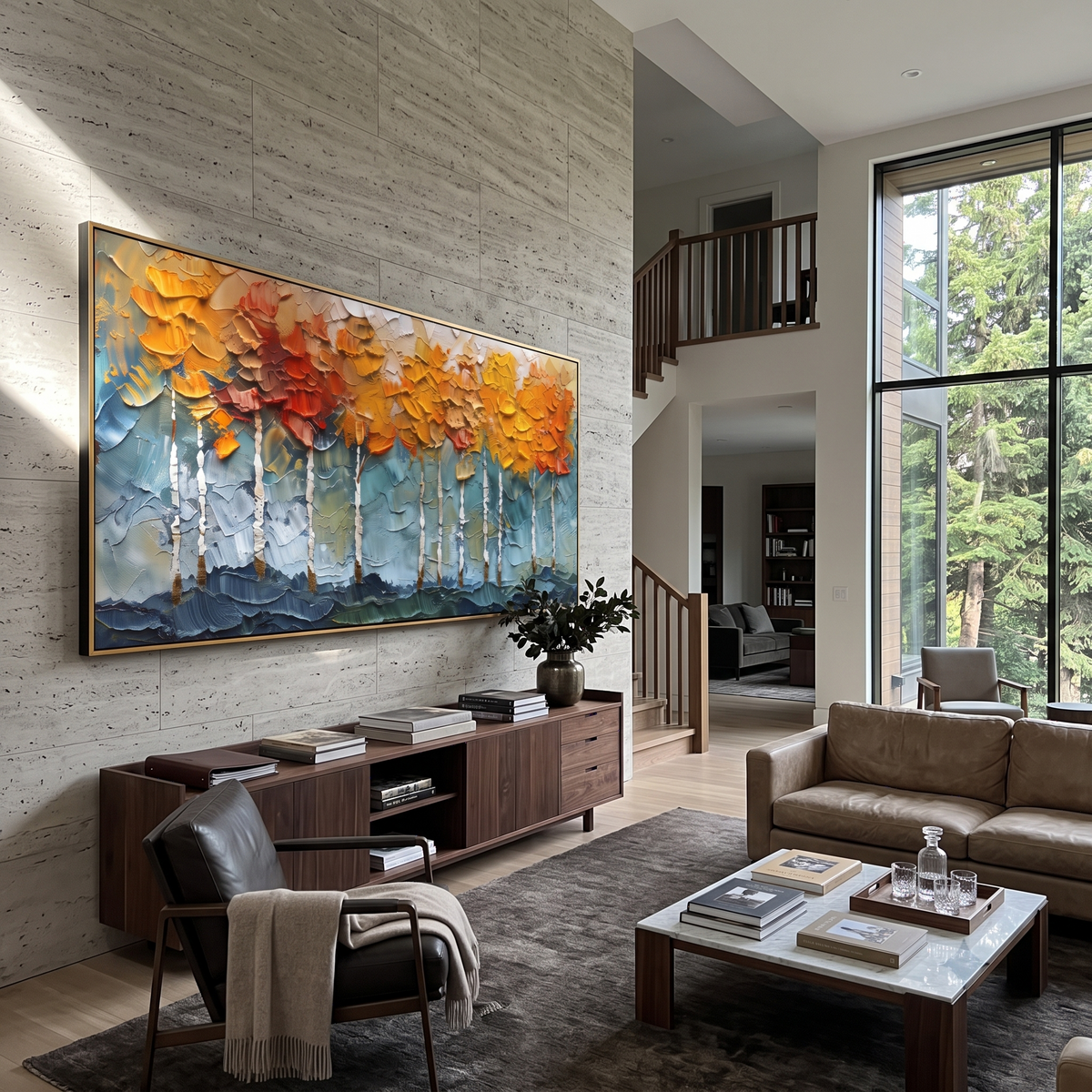 ARTWORK DETAILS Teal Aspen Leaf Wall Painting is built from the actual artwork image: teal ground and heavy orange leaf wall above white aspens. The composition uses raised texture to separate tree trunks, leaf masses, ground movement, and soft background atmosphere, so the surface reads with real hand-painted depth from different viewing angles. The color direction is green, orange, white, chosen to keep the autumn mood warm while still leaving enough pale air and cool contrast for modern