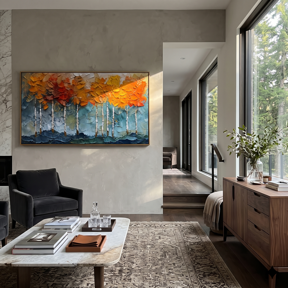 ARTWORK DETAILS Teal Aspen Leaf Wall Painting is built from the actual artwork image: teal ground and heavy orange leaf wall above white aspens. The composition uses raised texture to separate tree trunks, leaf masses, ground movement, and soft background atmosphere, so the surface reads with real hand-painted depth from different viewing angles. The color direction is green, orange, white, chosen to keep the autumn mood warm while still leaving enough pale air and cool contrast for modern