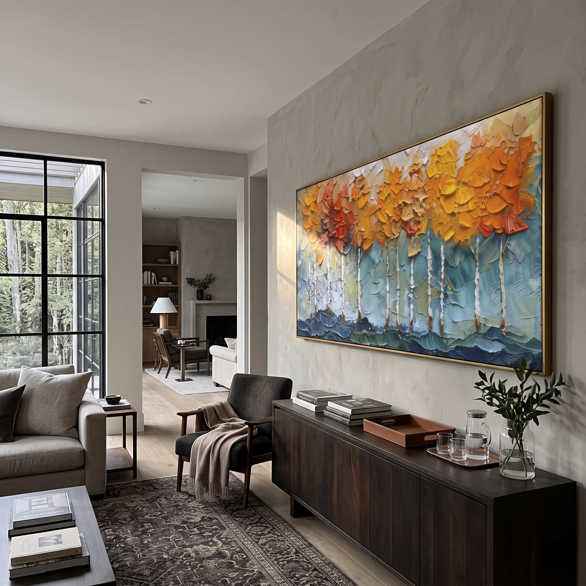 ARTWORK DETAILS Teal Aspen Leaf Wall Painting is built from the actual artwork image: teal ground and heavy orange leaf wall above white aspens. The composition uses raised texture to separate tree trunks, leaf masses, ground movement, and soft background atmosphere, so the surface reads with real hand-painted depth from different viewing angles. The color direction is green, orange, white, chosen to keep the autumn mood warm while still leaving enough pale air and cool contrast for modern