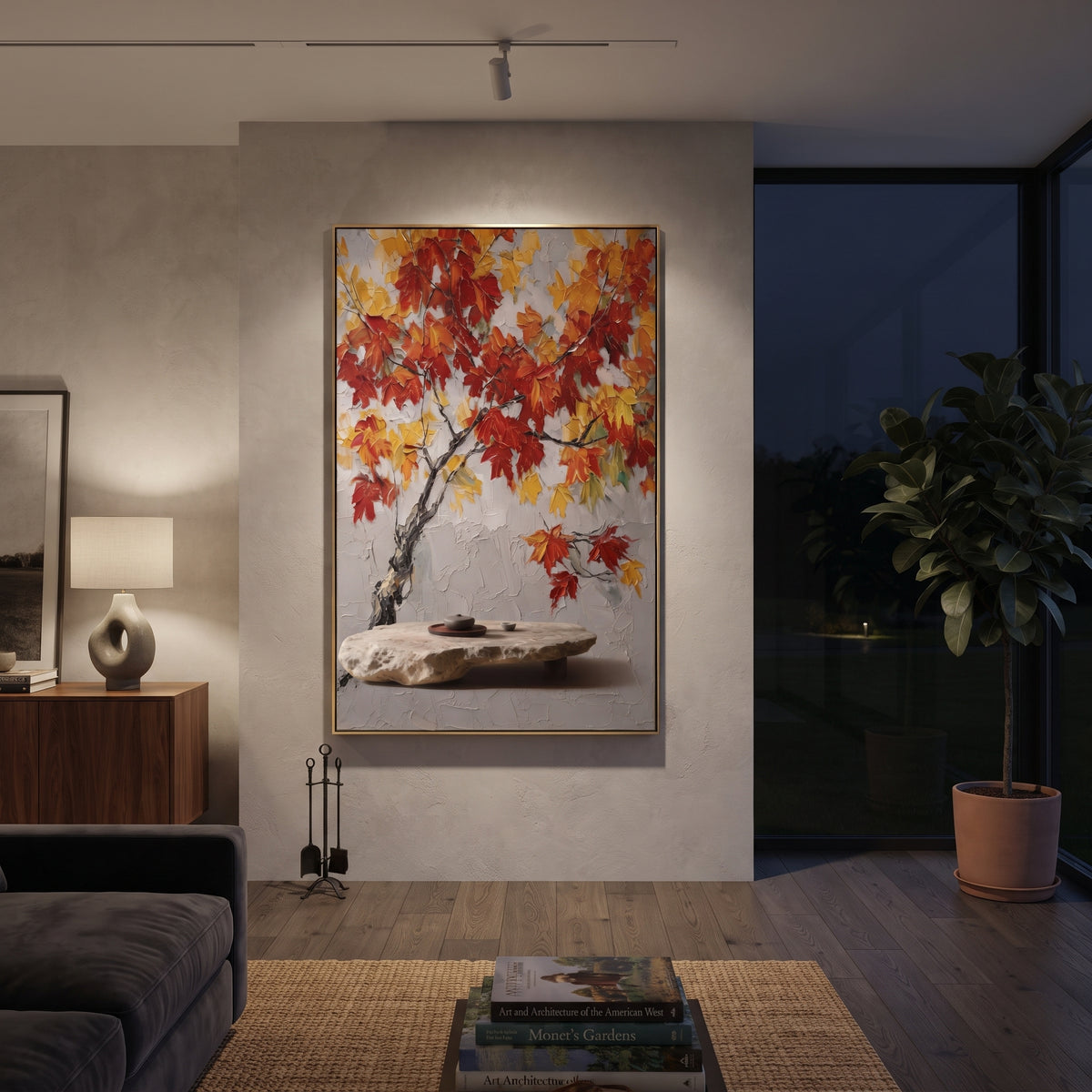ARTWORK DETAILS Red Maple Branch Still Life Painting is built from the actual artwork image: red maple branch over a pale stone-like base. The composition uses raised texture to separate tree trunks, leaf masses, ground movement, and soft background atmosphere, so the surface reads with real hand-painted depth from different viewing angles. The color direction is red, beige, gray, chosen to keep the autumn mood warm while still leaving enough pale air and cool contrast for modern interiors. Core