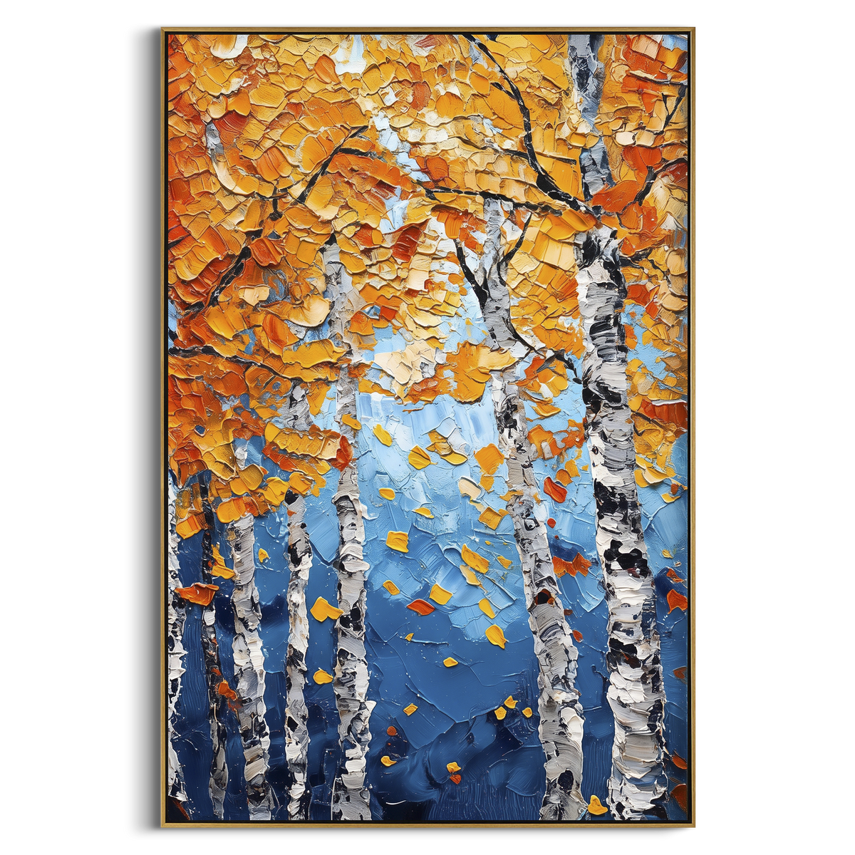 "Blue Sky Birch Leaves" - Modern Heavy Impasto Botanical Tree Artwork | Blue & Orange Palette Knife Painting | Luxury Vertical Wall Art #PT 2259