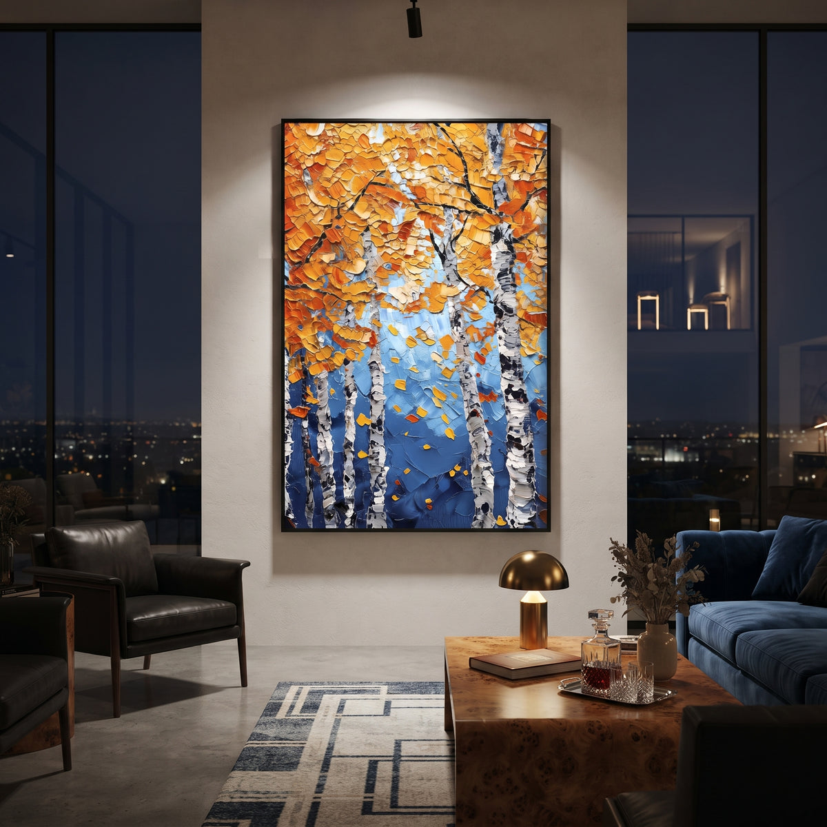ARTWORK DETAILS Blue Sky Birch Leaves Painting is built from the actual artwork image: white birches and orange leaves against strong blue sky. The composition uses raised texture to separate tree trunks, leaf masses, ground movement, and soft background atmosphere, so the surface reads with real hand-painted depth from different viewing angles. The color direction is blue, orange, white, chosen to keep the autumn mood warm while still leaving enough pale air and cool contrast for modern