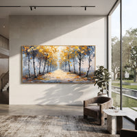 ARTWORK DETAILS Snowy Autumn Road Painting is built from the actual artwork image: pale road lined with yellow trees under soft winter light. The composition uses raised texture to separate tree trunks, leaf masses, ground movement, and soft background atmosphere, so the surface reads with real hand-painted depth from different viewing angles. The color direction is white, yellow, gray, chosen to keep the autumn mood warm while still leaving enough pale air and cool contrast for modern