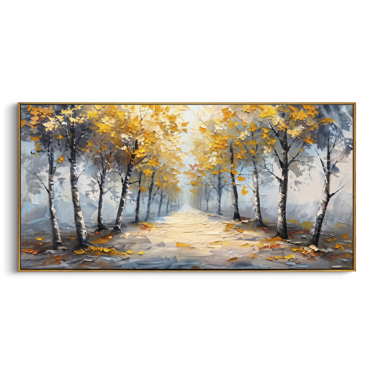 ARTWORK DETAILS Snowy Autumn Road Painting is built from the actual artwork image: pale road lined with yellow trees under soft winter light. The composition uses raised texture to separate tree trunks, leaf masses, ground movement, and soft background atmosphere, so the surface reads with real hand-painted depth from different viewing angles. The color direction is white, yellow, gray, chosen to keep the autumn mood warm while still leaving enough pale air and cool contrast for modern