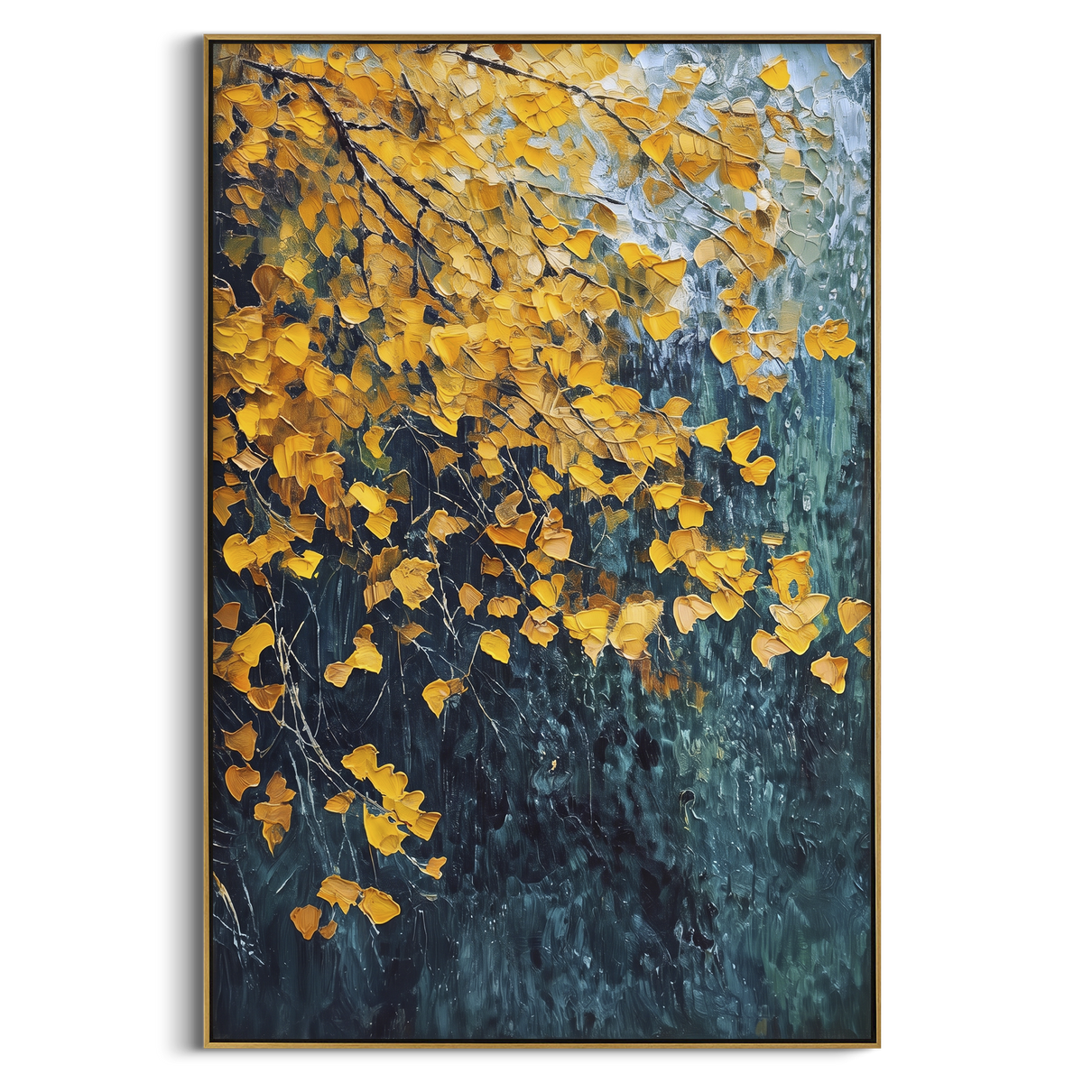 ARTWORK DETAILS Dark Gold Leaf Cascade Painting is built from the actual artwork image: gold leaves falling across a deep blue green vertical field. The composition uses raised texture to separate tree trunks, leaf masses, ground movement, and soft background atmosphere, so the surface reads with real hand-painted depth from different viewing angles. The color direction is yellow, green, blue, chosen to keep the autumn mood warm while still leaving enough pale air and cool contrast for modern