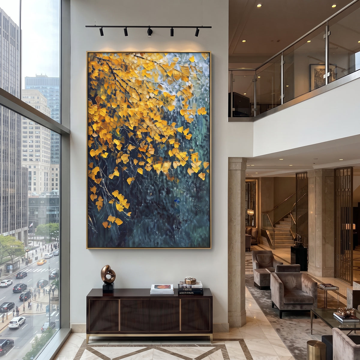 ARTWORK DETAILS Dark Gold Leaf Cascade Painting is built from the actual artwork image: gold leaves falling across a deep blue green vertical field. The composition uses raised texture to separate tree trunks, leaf masses, ground movement, and soft background atmosphere, so the surface reads with real hand-painted depth from different viewing angles. The color direction is yellow, green, blue, chosen to keep the autumn mood warm while still leaving enough pale air and cool contrast for modern