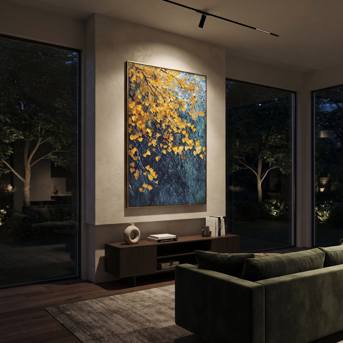 ARTWORK DETAILS Dark Gold Leaf Cascade Painting is built from the actual artwork image: gold leaves falling across a deep blue green vertical field. The composition uses raised texture to separate tree trunks, leaf masses, ground movement, and soft background atmosphere, so the surface reads with real hand-painted depth from different viewing angles. The color direction is yellow, green, blue, chosen to keep the autumn mood warm while still leaving enough pale air and cool contrast for modern