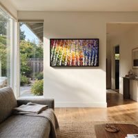 ARTWORK DETAILS Slanted Rainbow Birch Painting is built from the actual artwork image: slanted white birches with red yellow and violet leaf color. The composition uses raised texture to separate tree trunks, leaf masses, ground movement, and soft background atmosphere, so the surface reads with real hand-painted depth from different viewing angles. The color direction is red, yellow, blue, chosen to keep the autumn mood warm while still leaving enough pale air and cool contrast for modern