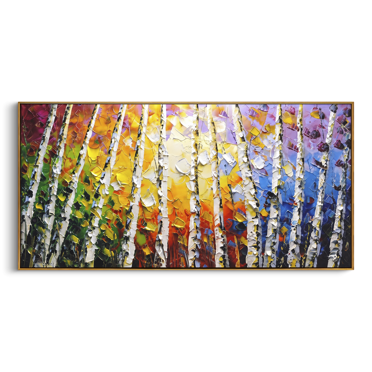 "Slanted Rainbow Birch" - Modern Heavy Impasto Botanical Tree Artwork | Red & Yellow Palette Knife Painting | Luxury Horizontal Wall Art #PT 2264