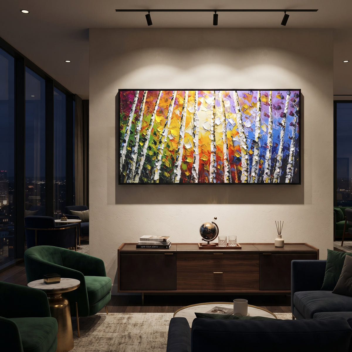 ARTWORK DETAILS Slanted Rainbow Birch Painting is built from the actual artwork image: slanted white birches with red yellow and violet leaf color. The composition uses raised texture to separate tree trunks, leaf masses, ground movement, and soft background atmosphere, so the surface reads with real hand-painted depth from different viewing angles. The color direction is red, yellow, blue, chosen to keep the autumn mood warm while still leaving enough pale air and cool contrast for modern