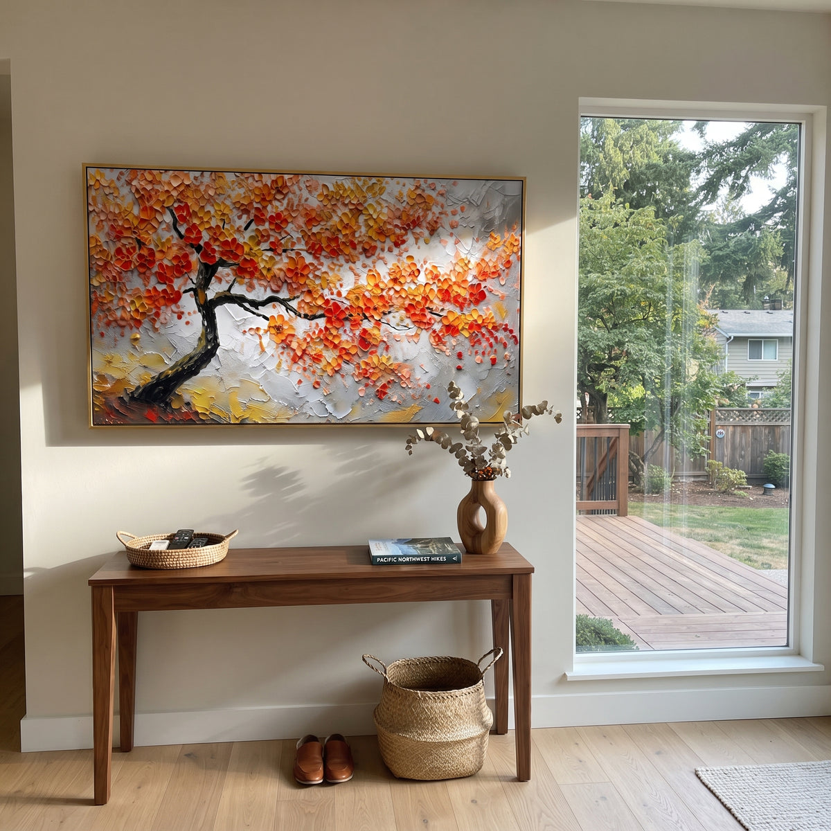 ARTWORK DETAILS Lone Red Autumn Tree Painting is built from the actual artwork image: single dark branch tree carrying red leaves across gray space. The composition uses raised texture to separate tree trunks, leaf masses, ground movement, and soft background atmosphere, so the surface reads with real hand-painted depth from different viewing angles. The color direction is red, gray, black, chosen to keep the autumn mood warm while still leaving enough pale air and cool contrast for modern