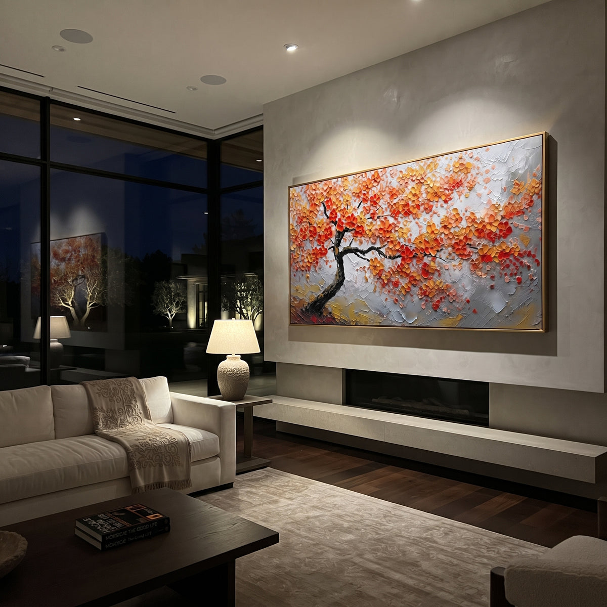 ARTWORK DETAILS Lone Red Autumn Tree Painting is built from the actual artwork image: single dark branch tree carrying red leaves across gray space. The composition uses raised texture to separate tree trunks, leaf masses, ground movement, and soft background atmosphere, so the surface reads with real hand-painted depth from different viewing angles. The color direction is red, gray, black, chosen to keep the autumn mood warm while still leaving enough pale air and cool contrast for modern