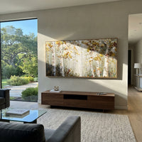 ARTWORK DETAILS White Birch Champagne Grove Painting is built from the actual artwork image: white birch trunks under champagne gold leaves. The composition uses raised texture to separate tree trunks, leaf masses, ground movement, and soft background atmosphere, so the surface reads with real hand-painted depth from different viewing angles. The color direction is white, beige, yellow, chosen to keep the autumn mood warm while still leaving enough pale air and cool contrast for modern
