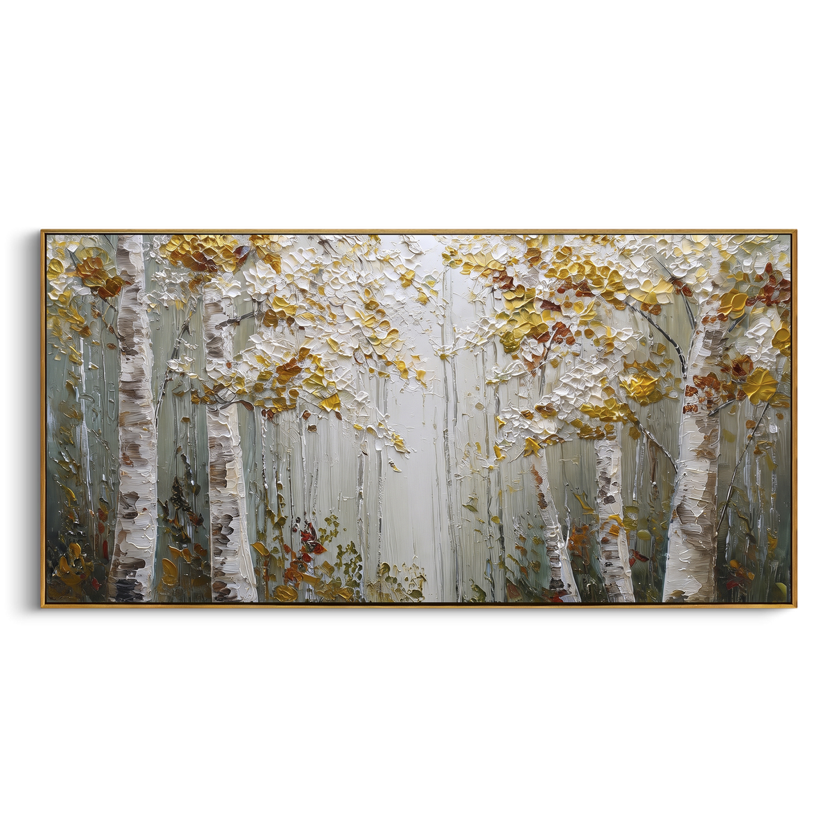 ARTWORK DETAILS White Birch Champagne Grove Painting is built from the actual artwork image: white birch trunks under champagne gold leaves. The composition uses raised texture to separate tree trunks, leaf masses, ground movement, and soft background atmosphere, so the surface reads with real hand-painted depth from different viewing angles. The color direction is white, beige, yellow, chosen to keep the autumn mood warm while still leaving enough pale air and cool contrast for modern