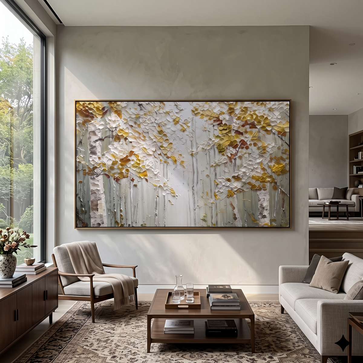 ARTWORK DETAILS White Birch Champagne Grove Painting is built from the actual artwork image: white birch trunks under champagne gold leaves. The composition uses raised texture to separate tree trunks, leaf masses, ground movement, and soft background atmosphere, so the surface reads with real hand-painted depth from different viewing angles. The color direction is white, beige, yellow, chosen to keep the autumn mood warm while still leaving enough pale air and cool contrast for modern
